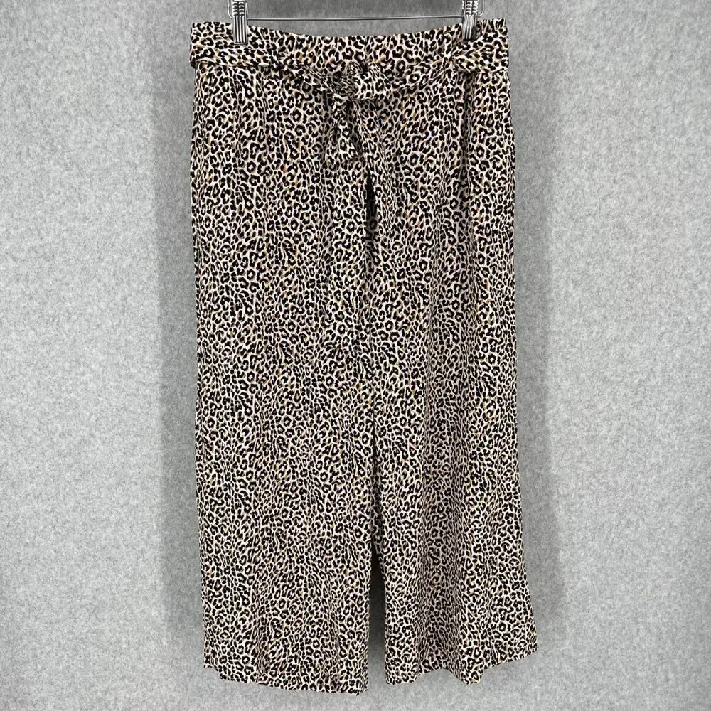 J Crew Womens Wide Leg Silk Pants Size 8 Animal Print Neutral Crop Belted Office